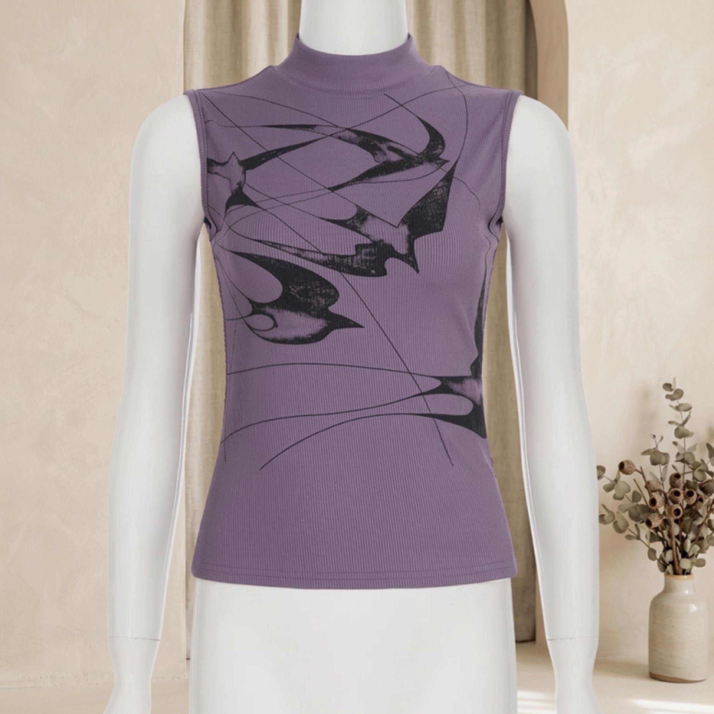 Y2K Bird Print Mock Neck Tank Top | Fitted Knit Sleeveless Summer Festival Shirt