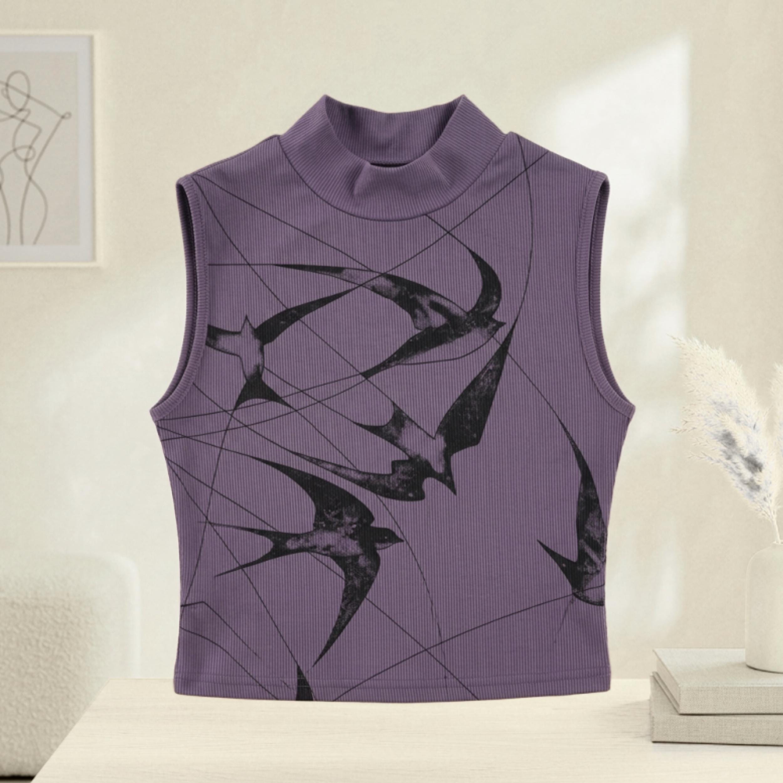Y2K Bird Print Mock Neck Tank Top | Fitted Knit Sleeveless Summer Festival Shirt