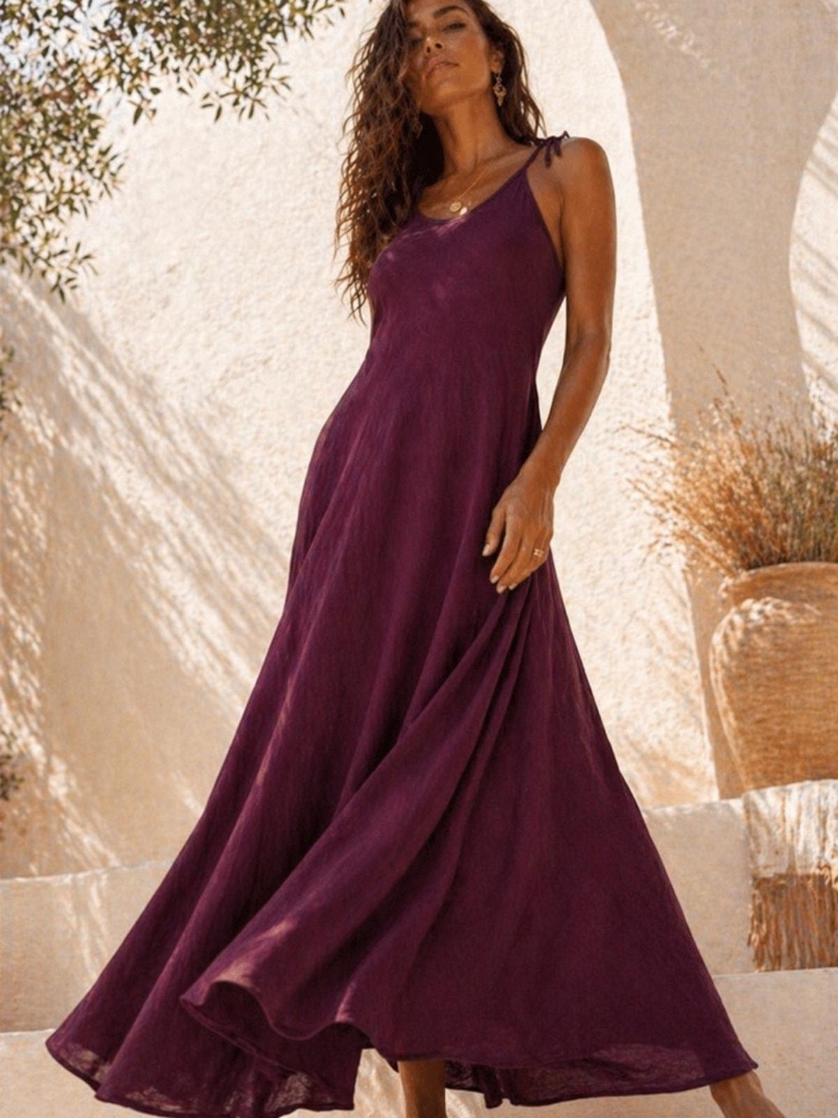 Boho Maxi Dress in Burgundy Plum - Organic Cotton Viscose Blend with Tie Straps, Relaxed Fit, Flowy Silhouette, Size S/M