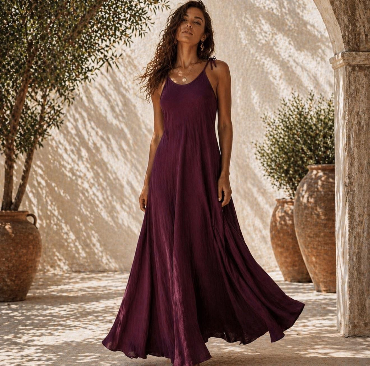 Boho Maxi Dress in Burgundy Plum - Organic Cotton Viscose Blend with Tie Straps, Relaxed Fit, Flowy Silhouette, Size S/M