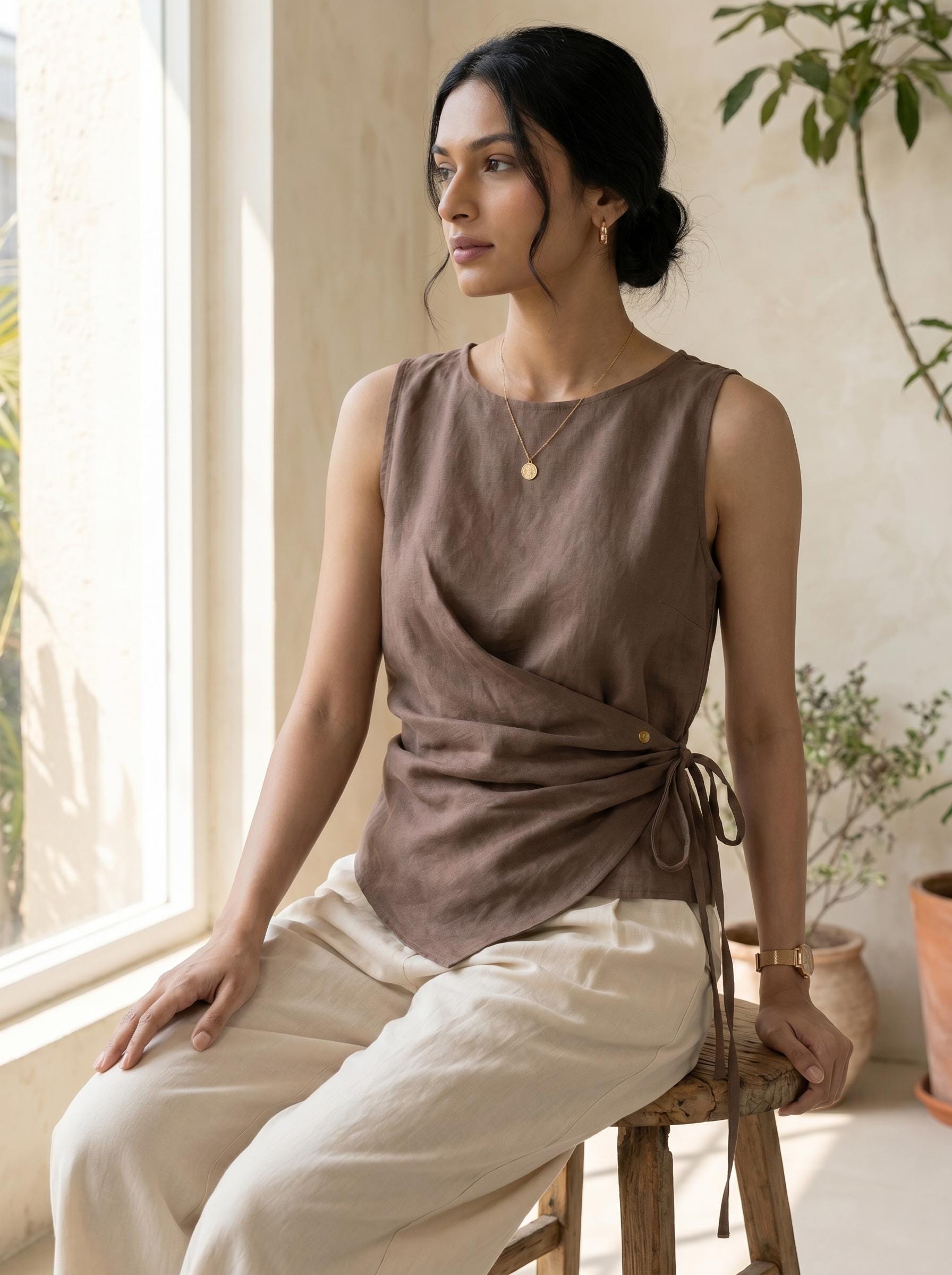 Women's Sleeveless Linen Cotton Wrap Top with Asymmetrical Hem