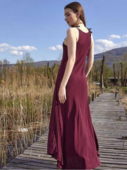 Boho Maxi Dress in Burgundy Plum - Organic Cotton Viscose Blend with Tie Straps, Relaxed Fit, Flowy Silhouette, Size S/M