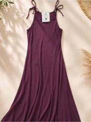 Boho Maxi Dress in Burgundy Plum - Organic Cotton Viscose Blend with Tie Straps, Relaxed Fit, Flowy Silhouette, Size S/M
