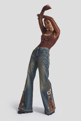 Boho Floral Embroidered Flare Jeans – Y2K Wide Leg Denim Bell Bottoms