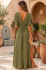 Olive Green Cotton Gauze Maxi Dress for Women