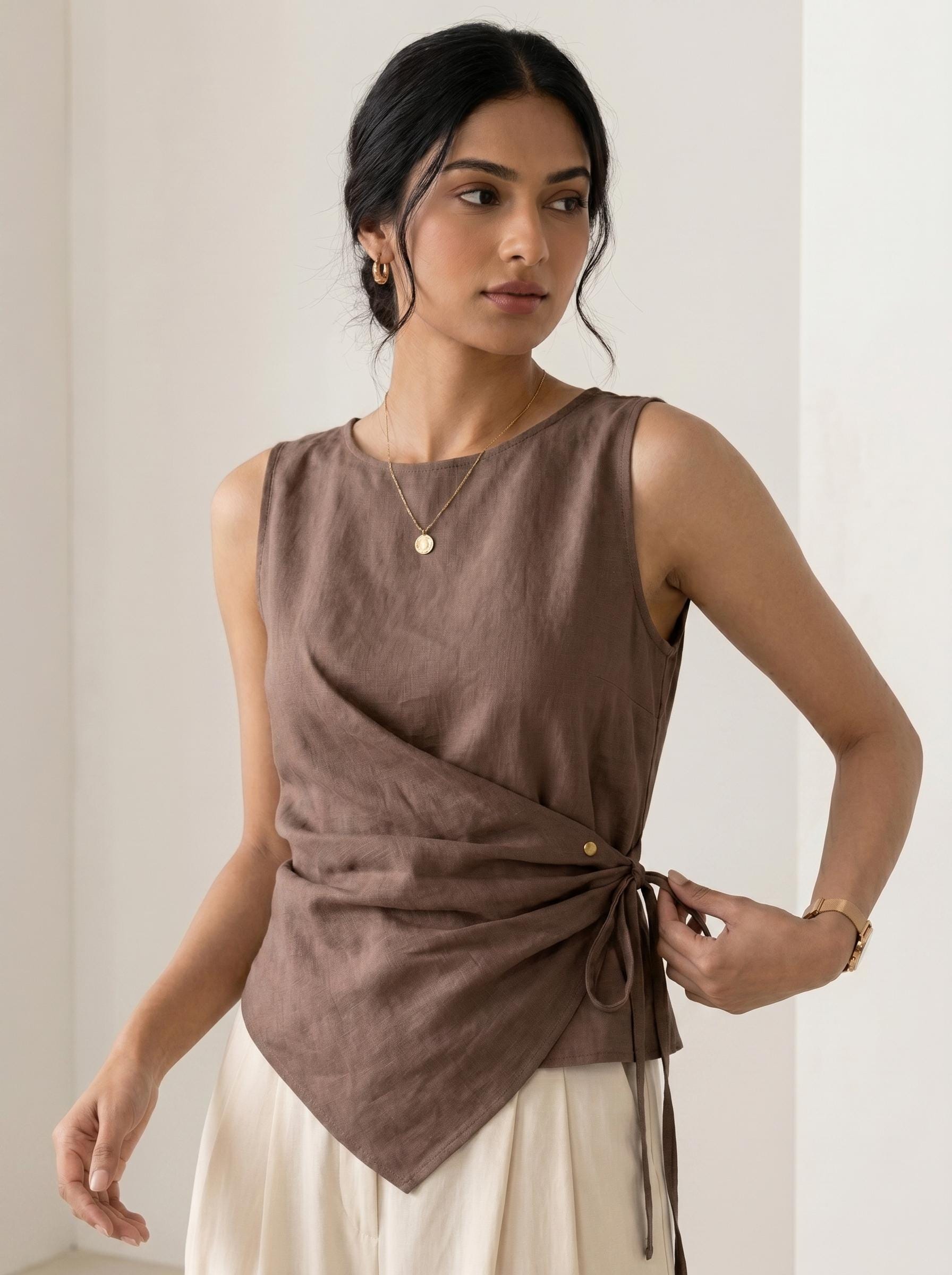 Women's Sleeveless Linen Cotton Wrap Top with Asymmetrical Hem