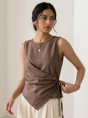 Women's Sleeveless Linen Cotton Wrap Top with Asymmetrical Hem