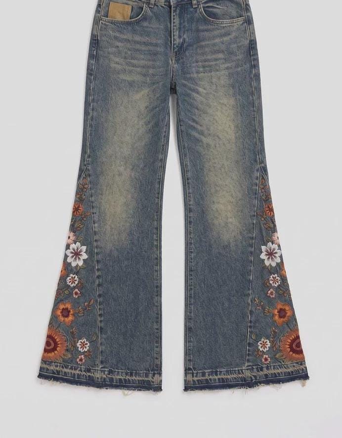Boho Floral Embroidered Flare Jeans – Y2K Wide Leg Denim Bell Bottoms