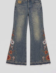 Boho Floral Embroidered Flare Jeans – Y2K Wide Leg Denim Bell Bottoms