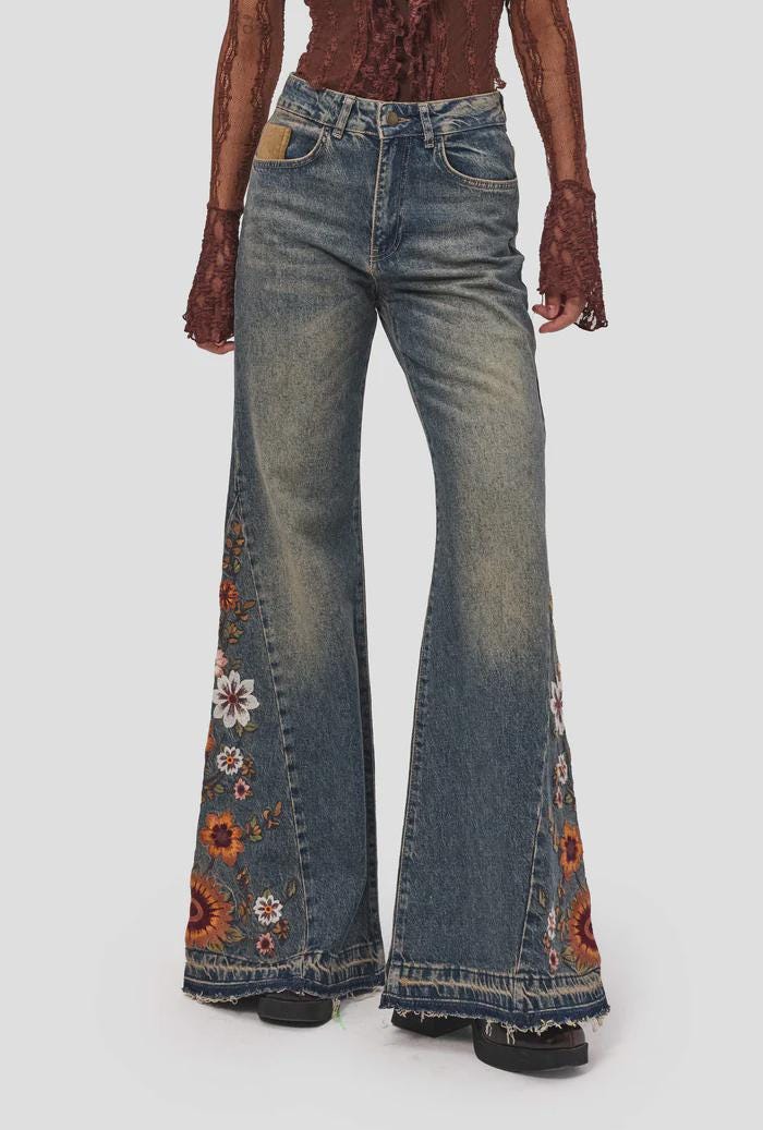 Boho Floral Embroidered Flare Jeans – Y2K Wide Leg Denim Bell Bottoms