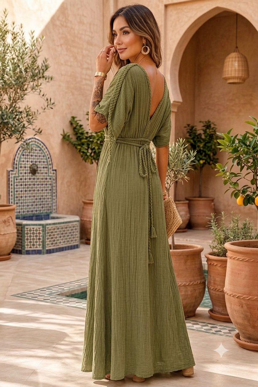 Olive Green Cotton Gauze Maxi Dress for Women