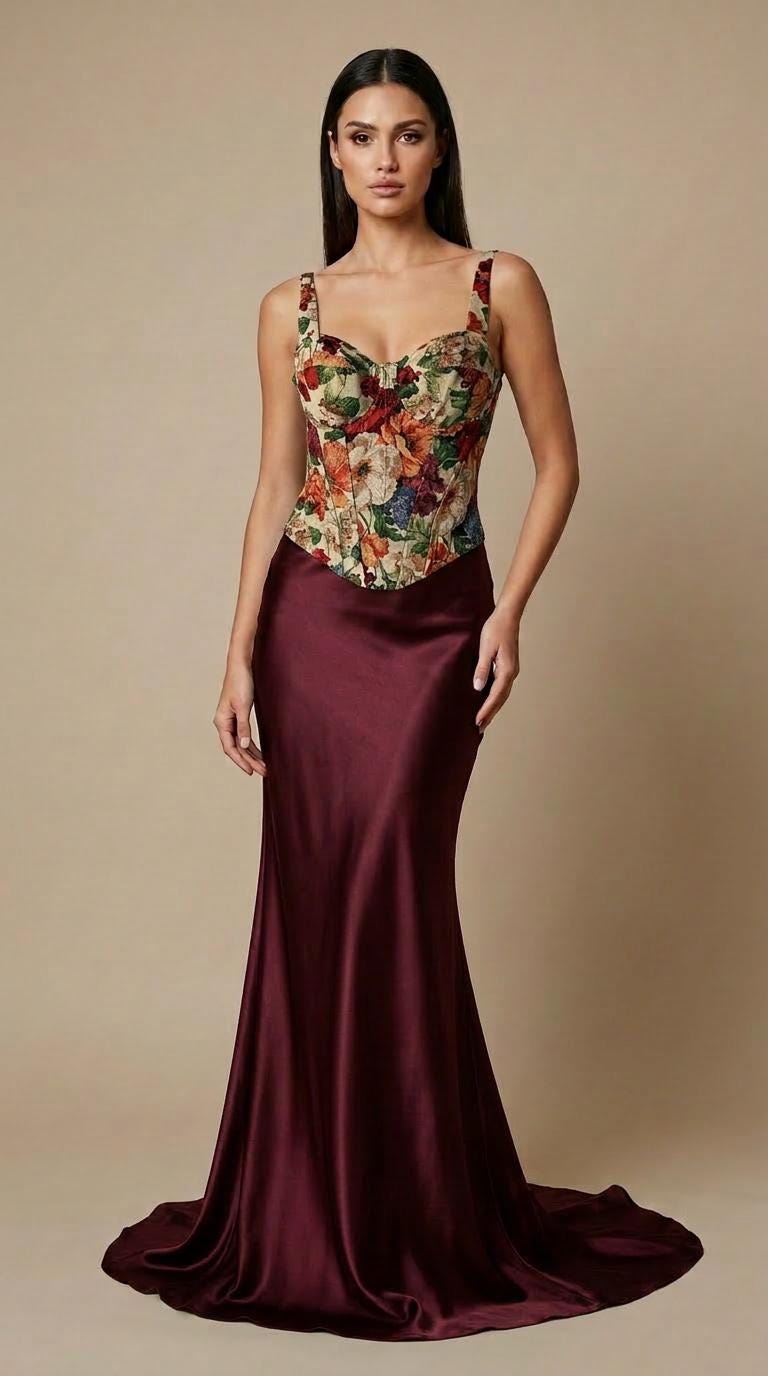 Floral Tapestry Corset Top with Lace-Up Back