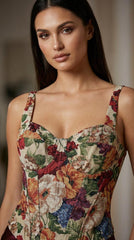 Floral Tapestry Corset Top with Lace-Up Back