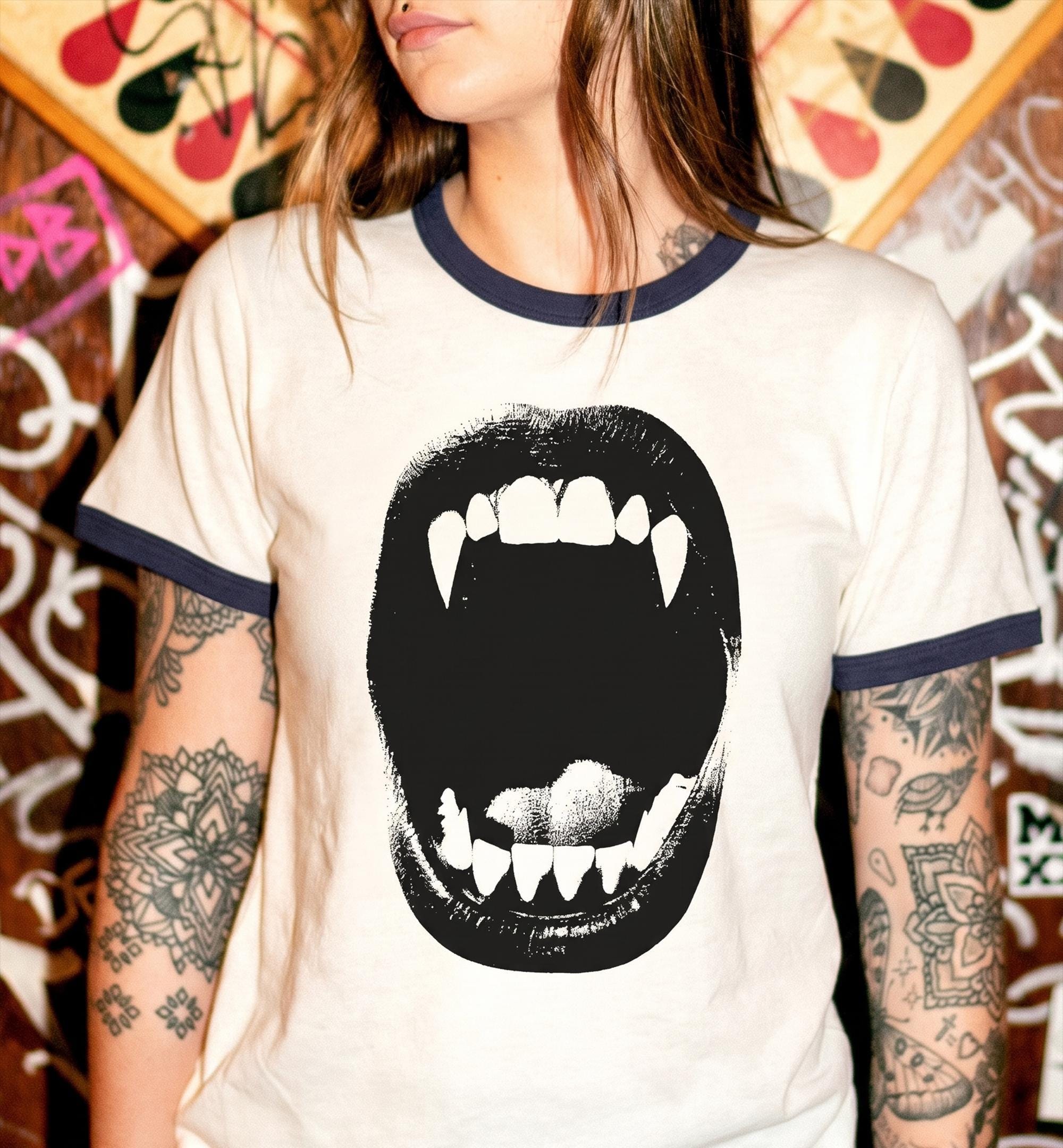 Vampire Bite Ringer Tee with Contrast Collar