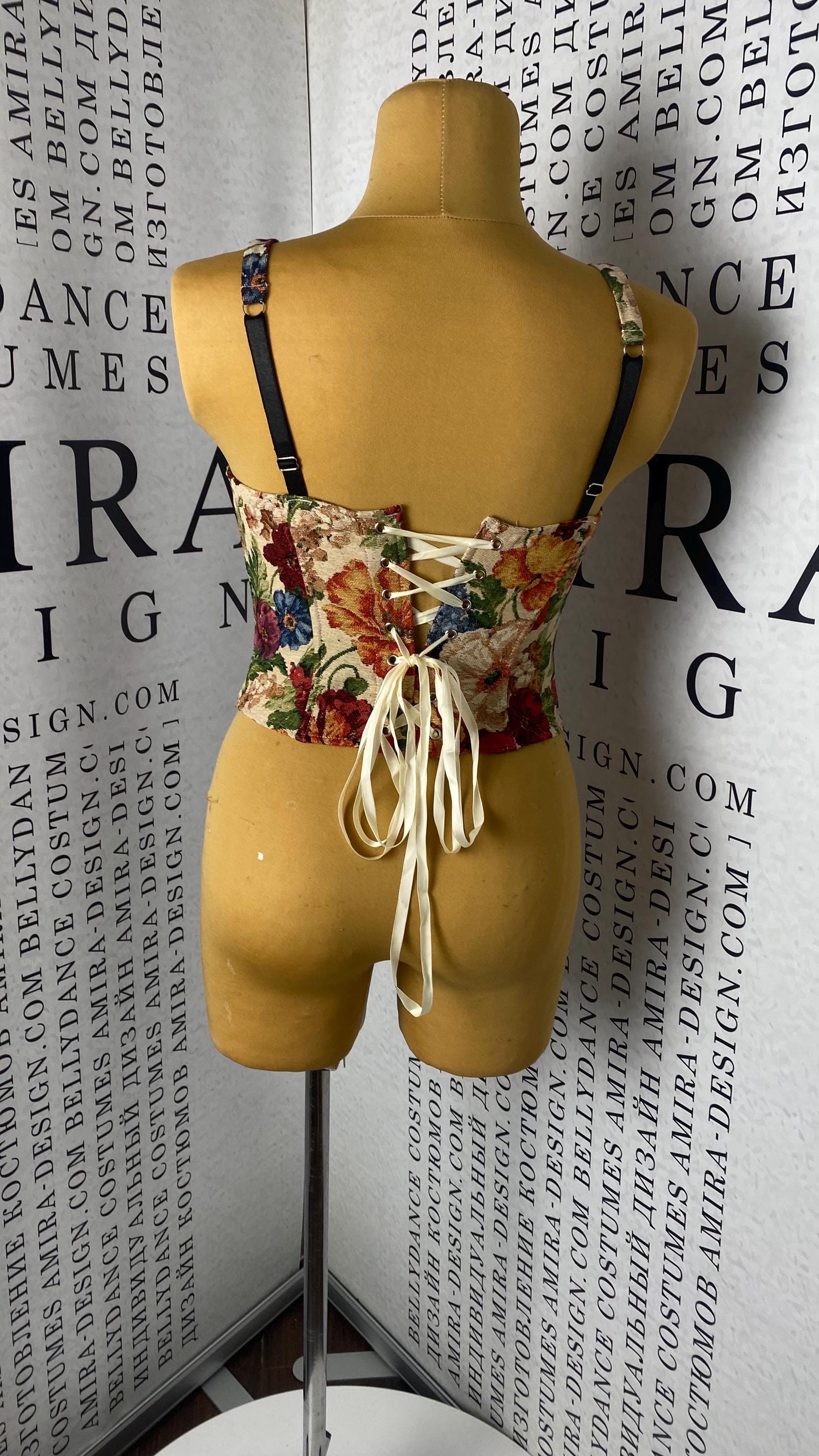 Floral Tapestry Corset Top with Lace-Up Back