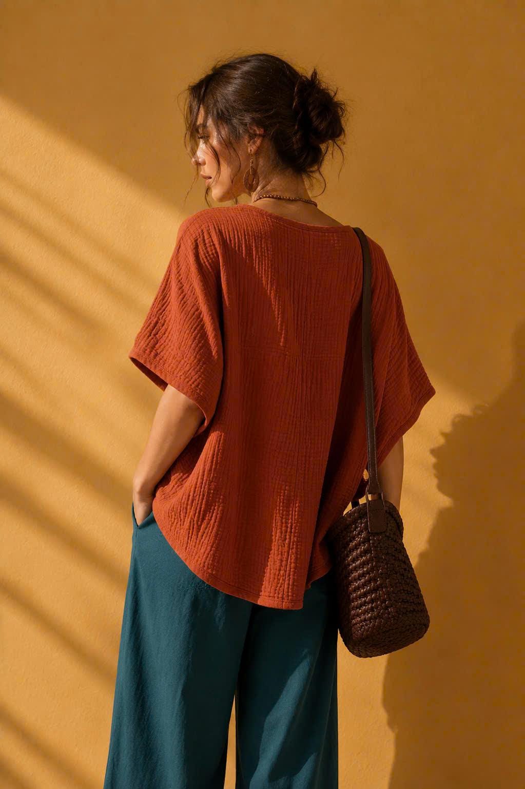 Women's Cotton Muslin Blouse - Breathable Crinkle Top