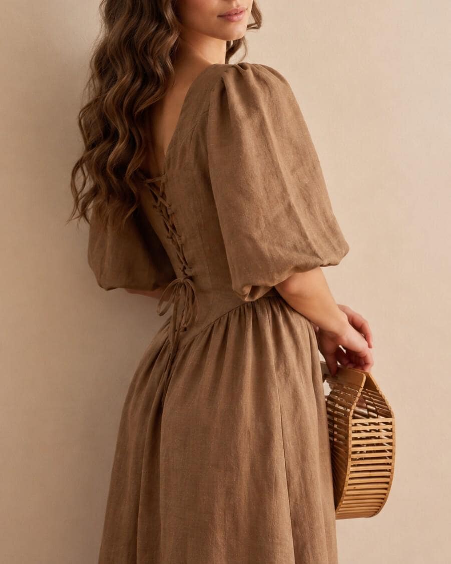 Brown Linen Corset Dress with Lace Up Back and Puff Sleeves
