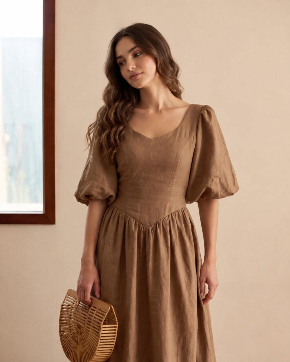 Brown Linen Corset Dress with Lace Up Back and Puff Sleeves
