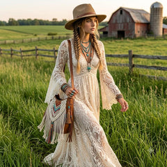 Boho Lace Maxi Dress with Bell Sleeves