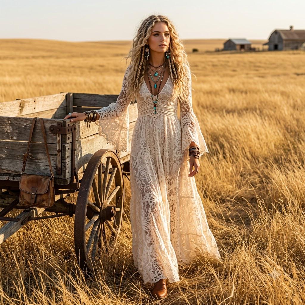 Boho Lace Maxi Dress with Bell Sleeves