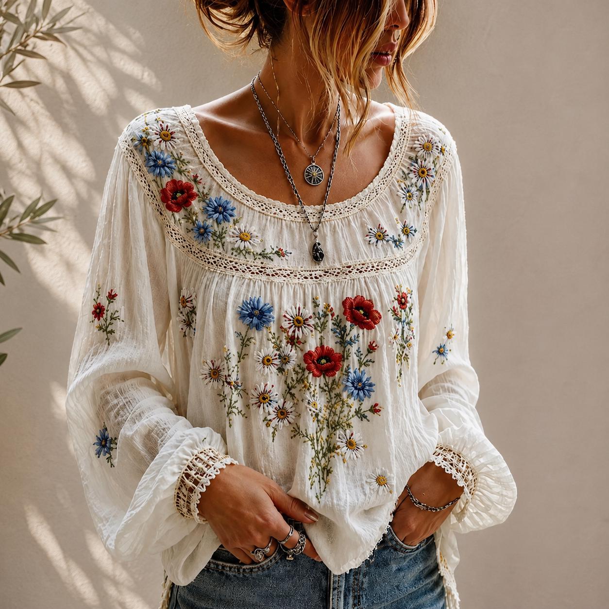 Boho Floral Blouse, Loose Fit Peasant Top, Summer Long Sleeve Shirt