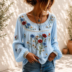 Boho Floral Blouse, Loose Fit Peasant Top, Summer Long Sleeve Shirt
