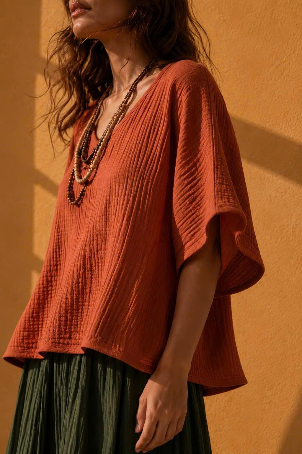Women's Cotton Muslin Blouse - Breathable Crinkle Top