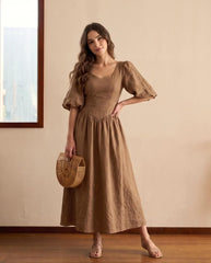 Brown Linen Corset Dress with Lace Up Back and Puff Sleeves