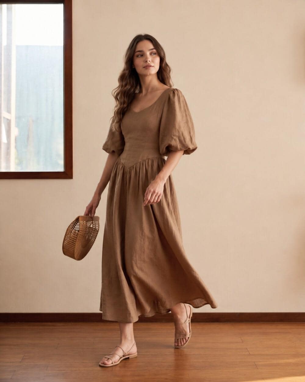 Brown Linen Corset Dress with Lace Up Back and Puff Sleeves
