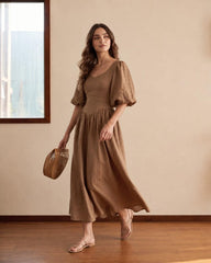 Brown Linen Corset Dress with Lace Up Back and Puff Sleeves