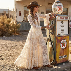 Boho Lace Maxi Dress with Bell Sleeves