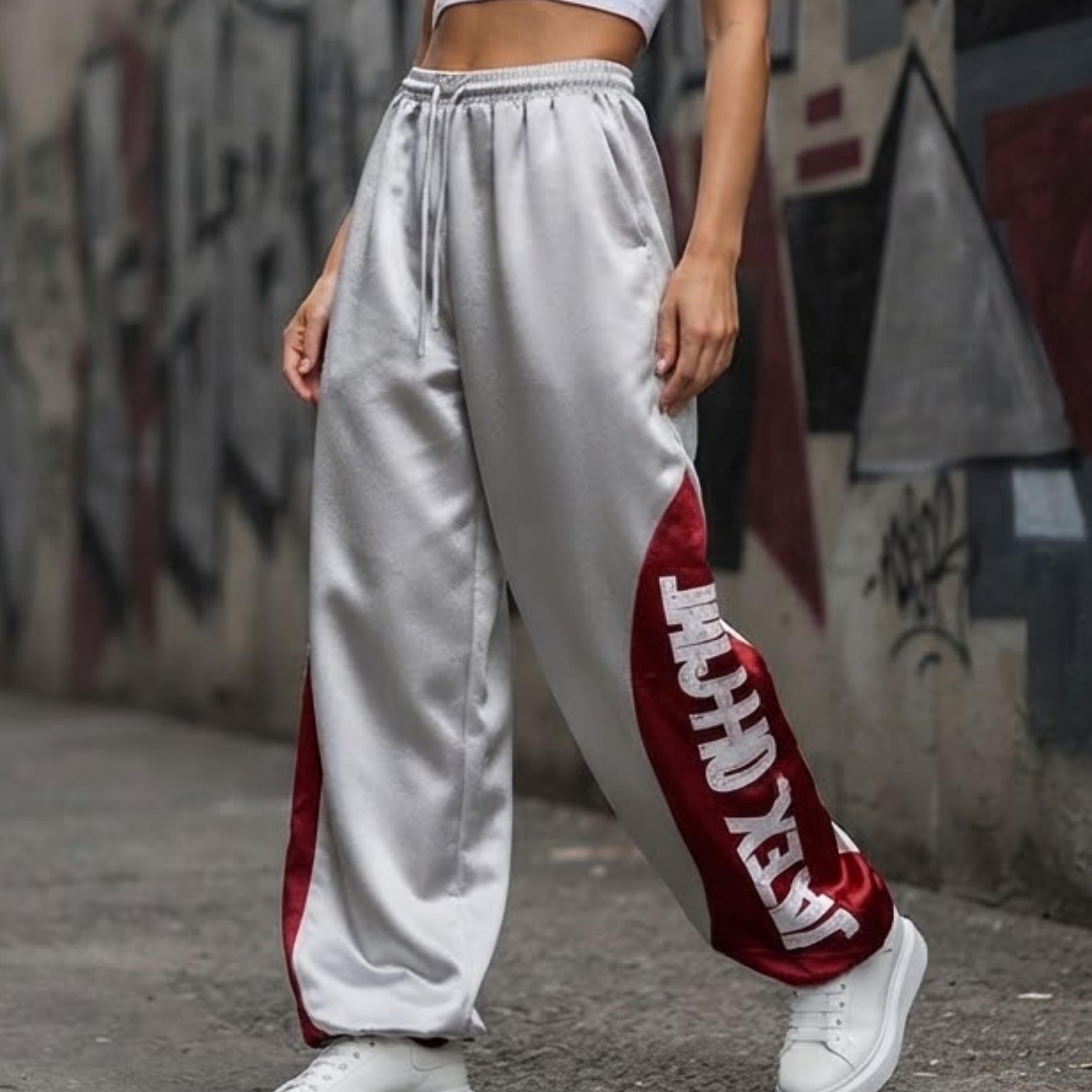 Glossy Wide Leg Pants with Letter Panel