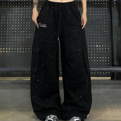 Rhinestone Wide Leg Pants with Drawstring Waist