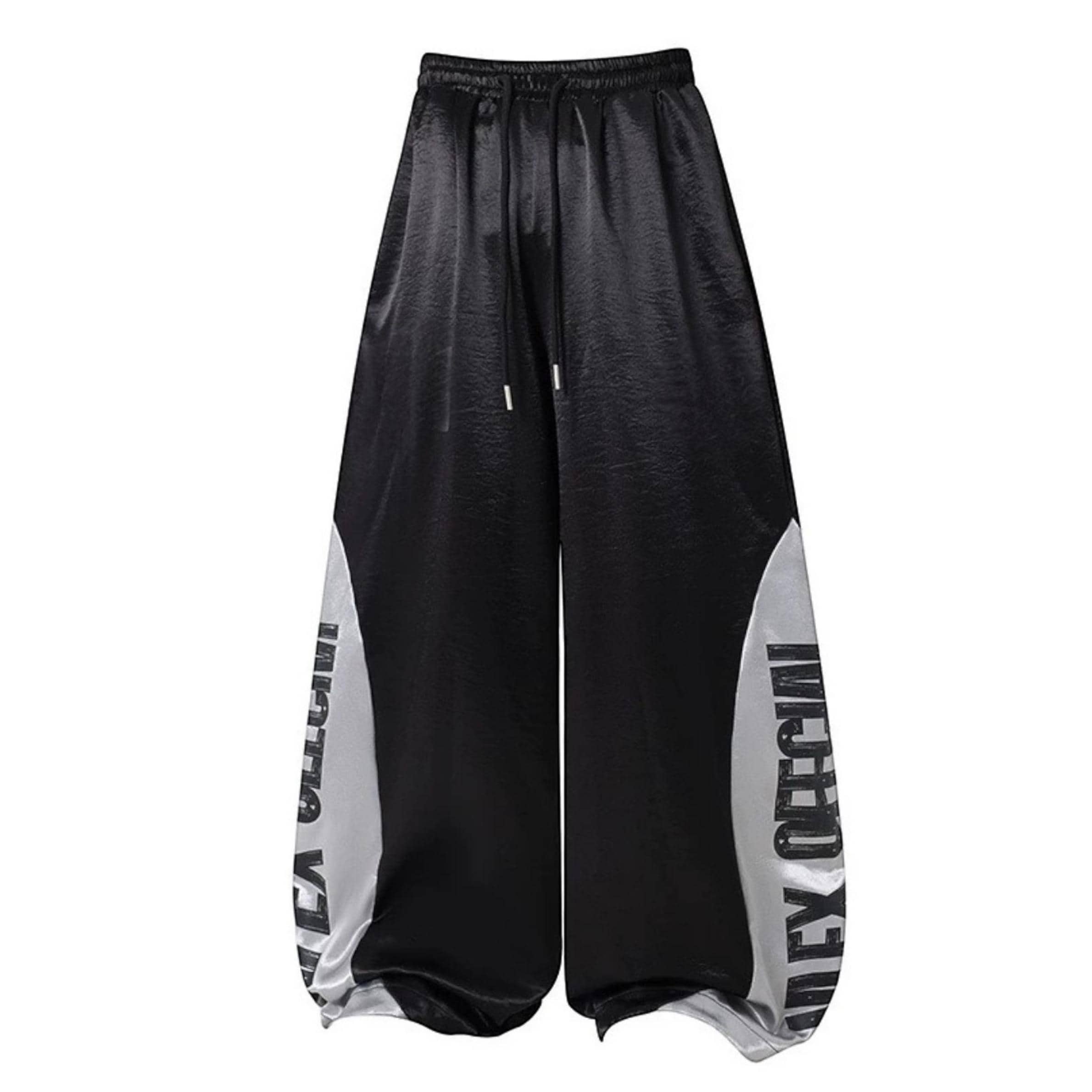 Glossy Wide Leg Pants with Letter Panel