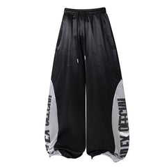 Glossy Wide Leg Pants with Letter Panel