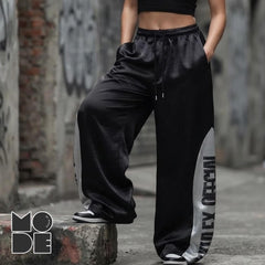 Glossy Wide Leg Pants with Letter Panel
