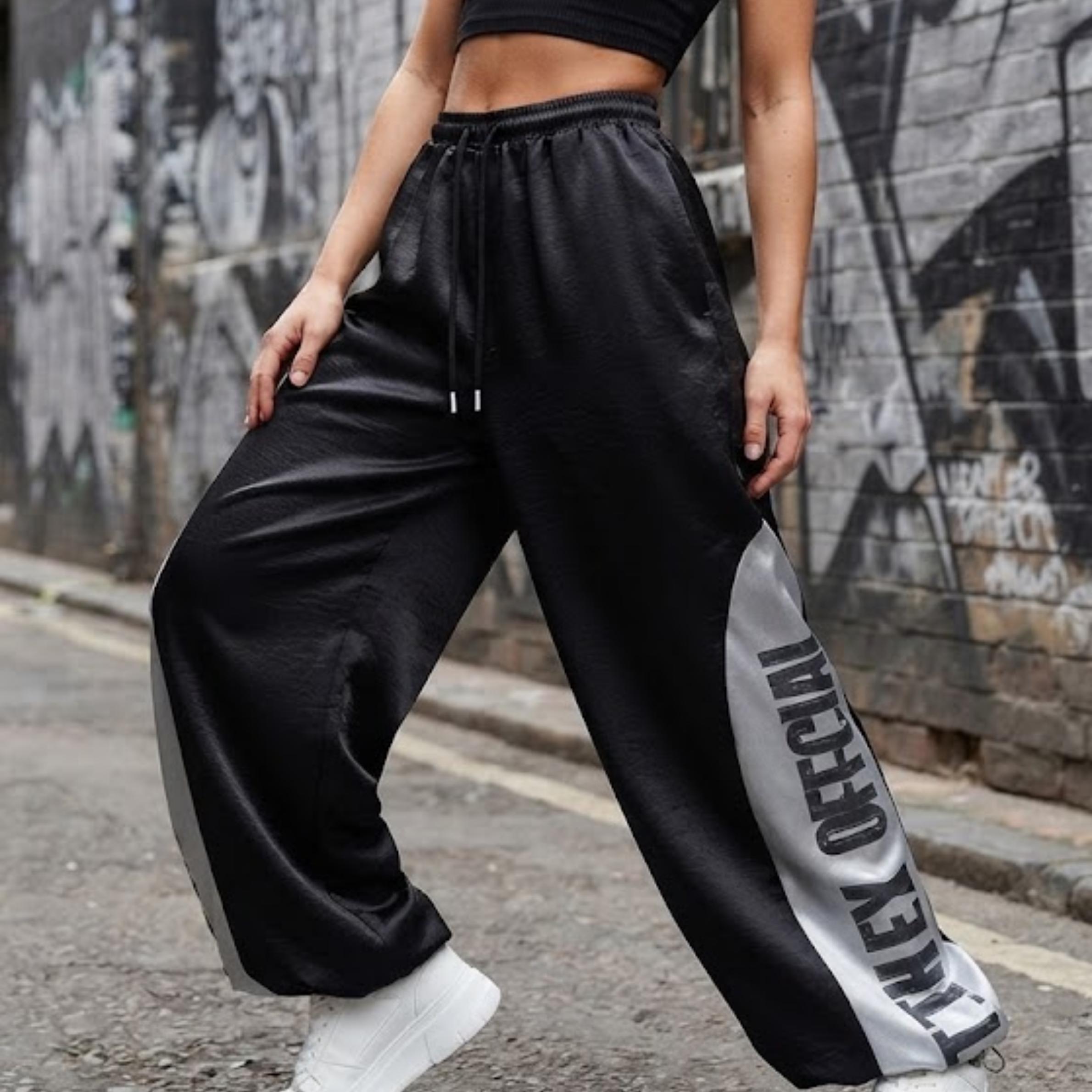 Glossy Wide Leg Pants with Letter Panel
