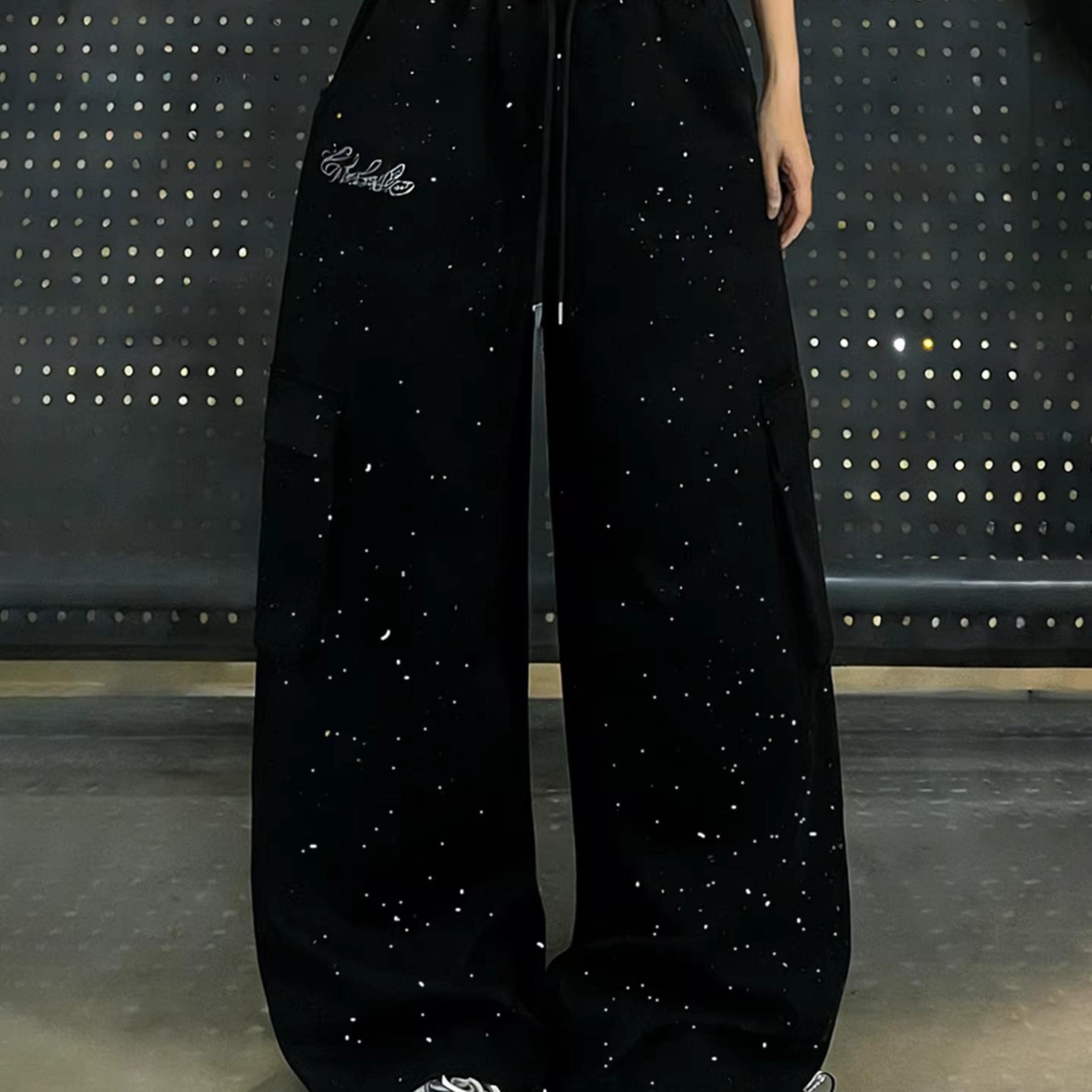 Rhinestone Wide Leg Pants with Drawstring Waist
