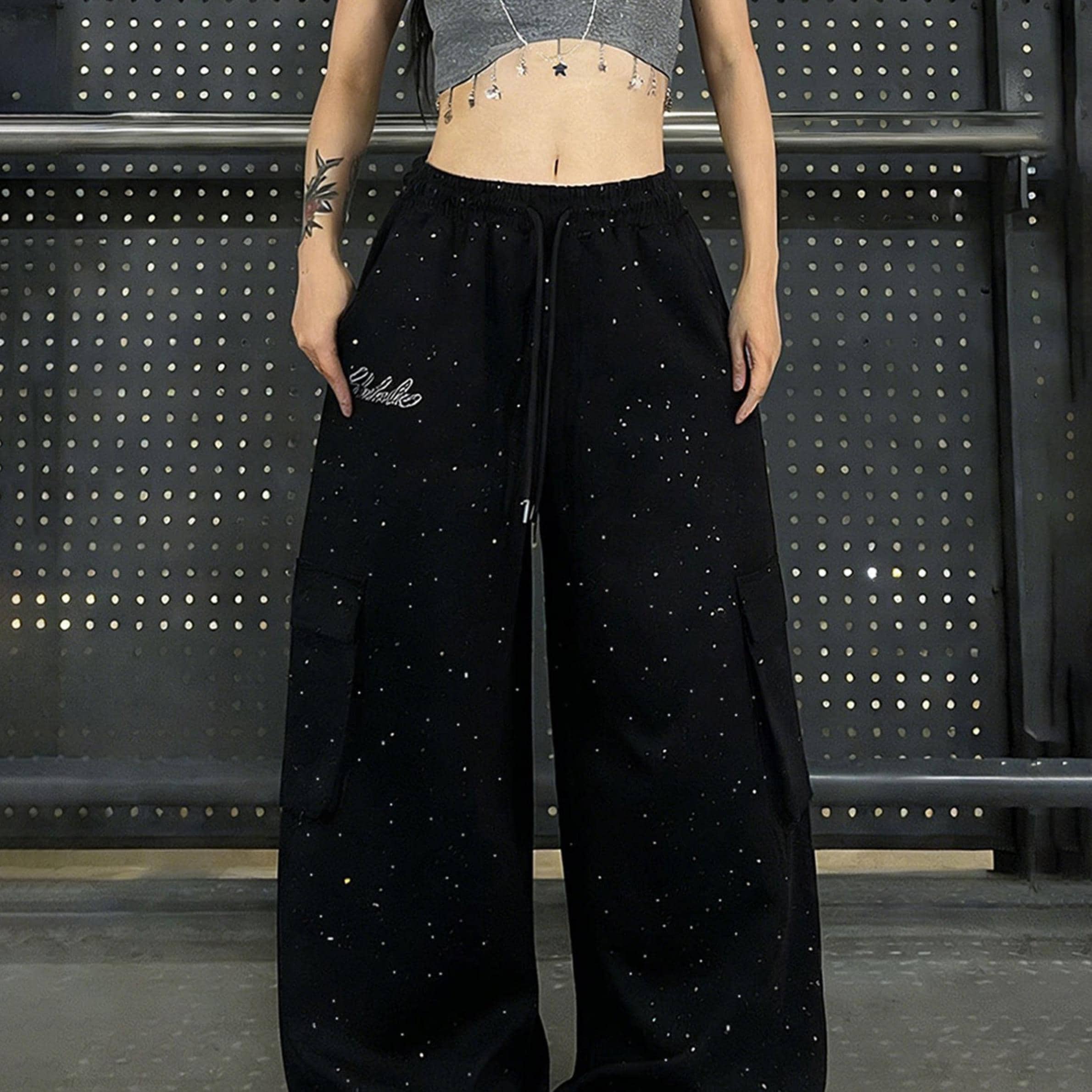 Rhinestone Wide Leg Pants with Drawstring Waist